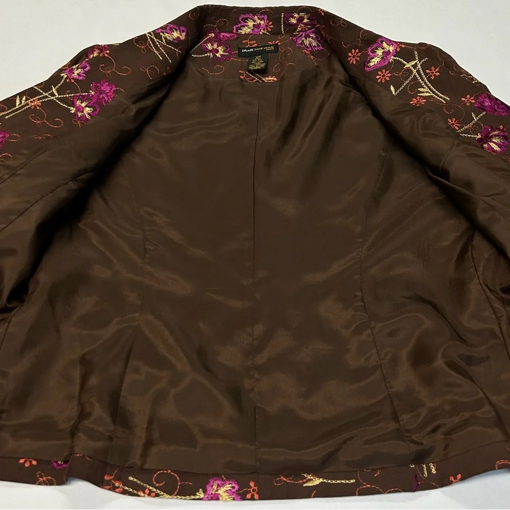 Womens Matching Blazer Skirt Set Petite Size 10P Silk‎ Linen Embroidered Floral